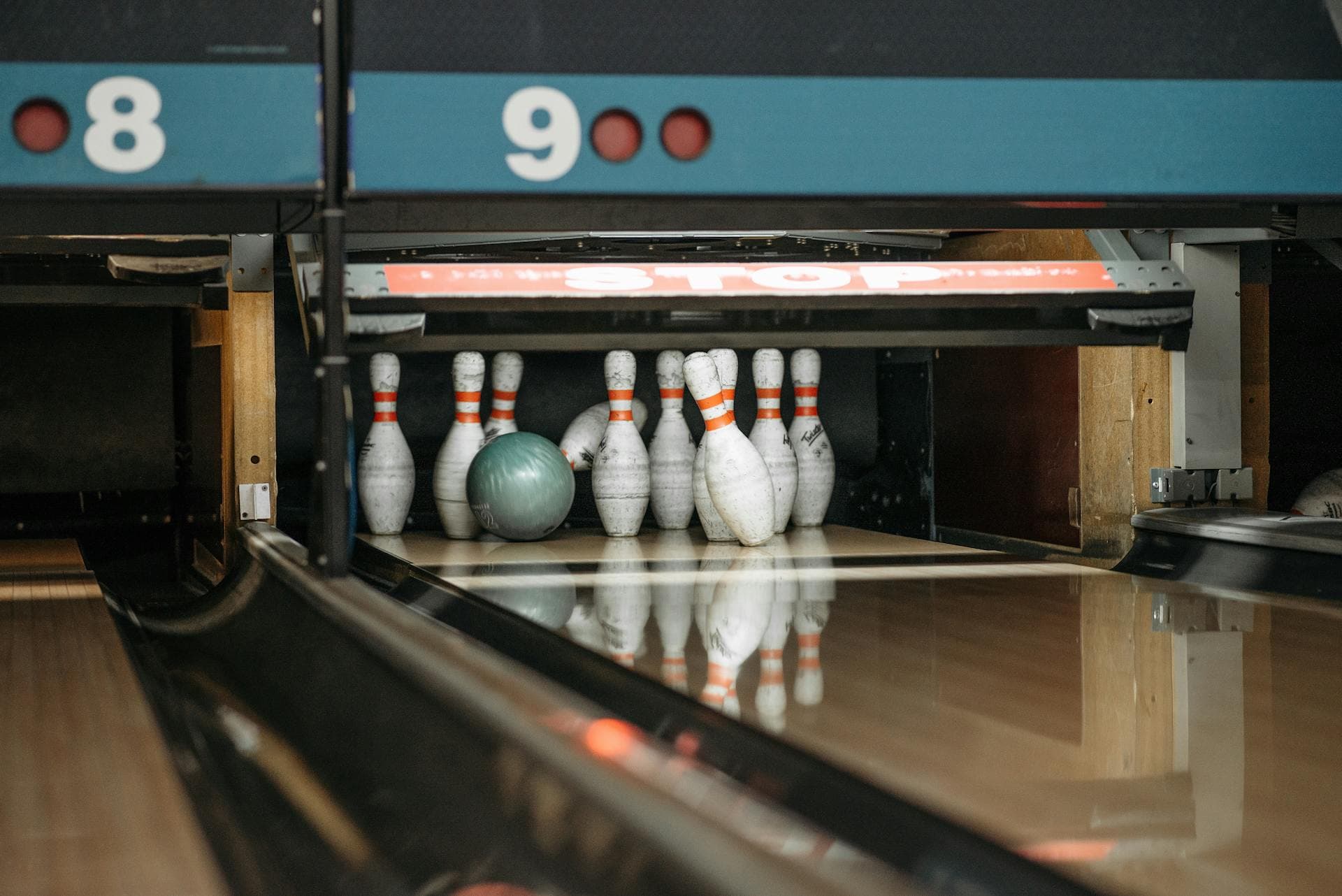 Pins and the green ball at the back of the lane